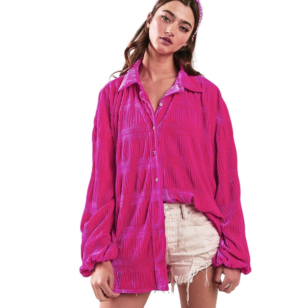 Bibi Velvet Button Down Sz M Hot Pink Fuschia Oversized Boho Beach Tiered Barbie